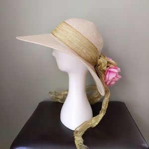 Vtg Magid Pink Roses Gold Wide Brim Straw Hat